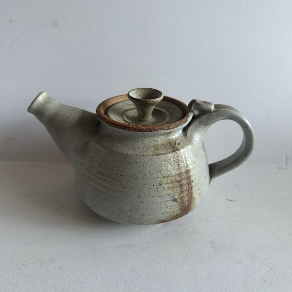 Handmade Studio Stoneware Pottery Teapot Artist‎ Signed Neutral colors 9"